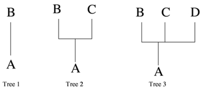 <strong>Which of these phylogenetic trees best demonstrates cladogenesis? </strong> A)Tree 1 B)Tree 2 C)Tree 3 D)Both Tree 2 and Tree 3 E)Both Tree 1 and Tree 2