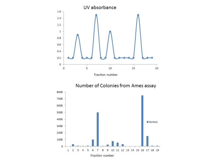 A sample of water is tested for mutagens. The water is subjected to a process known as high pressure liquid chromatography which can separate compounds based on their different biochemical properties. As material leaves the HPLC column its absorbance is measured at UV light which is used to detect a variety of different compounds. These readings were recorded as a trace on a graph (top chart in the figure) . Fractions from the column are collected and then tested in an Ames assay (bottom chart in the figure) . In this assay there were 900 colonies with the solvent alone control. Which fractions contain mutagens?   A)  7 and 16 B)  3 and 10 C)  3, 7, 10, and 16 D)  None of these fractions appear to contain a mutagen