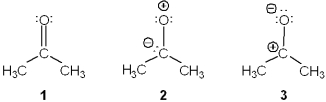 Rank the following in order of decreasing importance as a contributing resonance structure to the molecular structure of acetone, CH<sub>3</sub>COCH<sub>3</sub> (more important > less important)    A) 1 > 2 > 3 B) 1 > 3 > 2 C) 2 > 1 > 3 D) 3 > 1 > 2