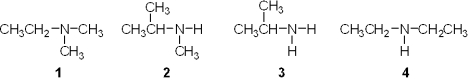  Which of the following is a primary (1<sup> \circ </sup>)  amine?   A) 1 B) 2 C) 3 D) 4 