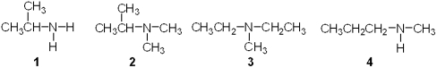  Which of the following is a secondary (2<sup> \circ </sup>)  amine?   A) 1 B) 2 C) 3 D) 4 