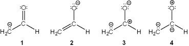 Which of the following resonance structures makes the largest contribution to the structure of [H<sub>2</sub>CCHO]<sup>-</sup>?   A) 1 B) 2 C) 3 D) 4