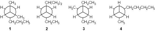 Which of the following Newman projections does not represent 2-methylhexane?   A) 1 B) 2 C) 3 D) 4