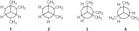 Which of the following Newman projections represents the most stable conformation of 2-methylbutane?   A) 1 B) 2 C) 3 D) 4