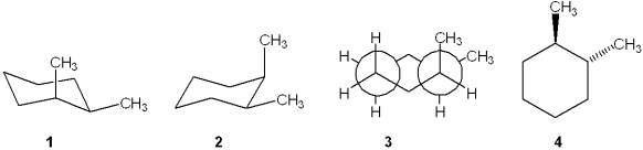 Which one of the following structures represents a different compound from the other three?   A) 1 B) 2 C) 3 D) 4