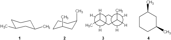 Which one of the following structures represents a different compound from the other three?   A) 1 B) 2 C) 3 D) 4