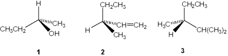 Which of the following have the S configuration?   A) only 1 B) only 2 C) only 1 and 2 D) 1, 2 and 3
