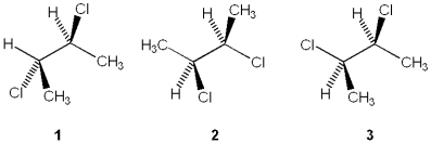 Which of the following structures represent the same stereoisomer?   A) only 1 and 2 B) only 1 and 3 C) only 2 and 3 D) 1, 2 and 3