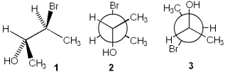 Which of the following structures represent the same stereoisomer?   A) only 1 and 2 B) only 1 and 3 C) only 2 and 3 D) 1, 2 and 3