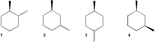 Which of the following structures has a center of symmetry?   A) 1 B) 2 C) 3 D) 4