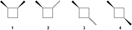 Which of the following structures has a center of symmetry (i.e., center of inversion) ?   A) 1 B) 2 C) 3 D) 4