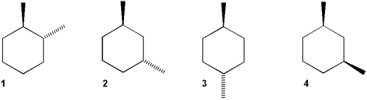Which of the following structures have a plane of symmetry?   A) only 1 and 2 B) only 2 and 4 C) only 3 and 4 D) 1, 2, 3 and 4