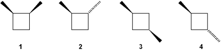 Which of the following structures does not have a plane of symmetry?   A) only 2 B) only 1 and 2 C) only 3 and 4 D) only 1, 2 and 4