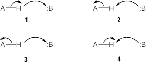 Which set of curved arrows accounts for the deprotonation of an acid (A-H)  by a base (:B) ?   A) 1 B) 2 C) 3 D) 4