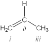 What is the hybridization of carbon atoms labeled i - iii in the following structure?   A) i = sp<sup>2</sup>; ii = sp<sup>2</sup>; iii = sp<sup>2</sup> B) i = sp; ii = sp; iii = sp<sup>3</sup> C) i = sp<sup>2</sup>; ii = sp; iii = sp<sup>3</sup> D) i = sp<sup>2</sup>; ii = sp<sup>2</sup>; iii = sp<sup>3</sup>