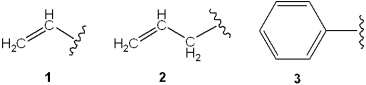 Which is the correct assignment of the names of the following groups?   A) 1 = methylene; 2 = vinyl; 3 = phenyl B) 1 = vinyl; 2 = propargyl; 3 = benzyl C) 1 = allyl; 2 = vinyl; 3 = benzyl D) 1 = vinyl; 2 = allyl; 3 = phenyl