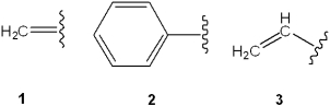 Which is the correct assignment of the names of the following groups?   A) 1 = vinyl; 2 = benzyl; 3 = allyl B) 1 = allyl; 2 = phenyl; 3 = vinyl C) 1 = methylene; 2 = phenyl; 3 = vinyl D) 1 = methylene; 2 = benzyl; 3 = allyl