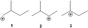 What is the correct order of stability of the following carbocations (more stable > less stable) ?   A) 1 > 2 > 3 B) 1 > 3 > 2 C) 3 > 1 > 2 D) 3 > 2 > 1