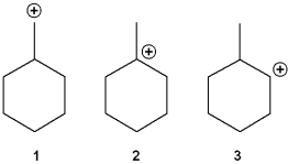 What is the correct order of stability of the following carbocations (more stable > less stable) ?   A) 1 > 2 > 3 B) 2 > 1 > 3 C) 2 > 3 > 1 D) 3 > 2 > 1