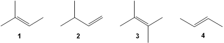 Which of the following alkenes is most likely to undergo rearrangement upon acid-catalyzed hydration (treatment with aqueous H<sub>2</sub>SO<sub>4</sub>) ?   A) 1 B) 2 C) 3 D) 4