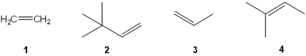 Which of the following alkenes is most likely to undergo rearrangement upon acid-catalyzed hydration (treatment with aqueous H<sub>2</sub>SO<sub>4</sub>) ?   A) 1 B) 2 C) 3 D) 4