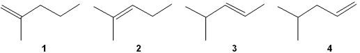 Which of the following alkenes undergoes the most exothermic hydrogenation upon treatment with H<sub>2</sub>/Pd?   A) 1 B) 2 C) 3 D) 4