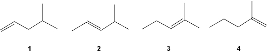 Which of the following alkenes undergoes the least exothermic hydrogenation upon treatment with H<sub>2</sub>/Pd?   A) 1 B) 2 C) 3 D) 4