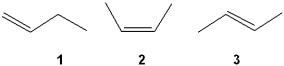 What is the correct order of exothermicity for hydrogenation of the following butenes upon treatment with H<sub>2</sub>/Pd (more exothermic > less exothermic) ?   A) 1 > 2 > 3 B) 1 > 3 > 2 C) 3 > 2 > 1 D) 2 > 3 > 1