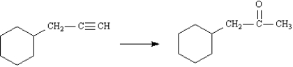 Select the best reagent or sequence of reagents from the list provided which would best accomplish each transformation below. Place the letter corresponding to the reagent(s)  in the blank to the left of each reaction. Each transformation requires only one answer. -_____   A) H<sub>2</sub>SO<sub>4</sub>, HgSO<sub>4</sub> B) H<sub>2</sub>, Lindlar C) 1.BH<sub>3</sub>, THF  2.H<sub>2</sub>O<sub>2</sub>, NaOH D) 1.NaNH<sub>2</sub>, NH3(l)  2.CH<sub>3</sub>CH<sub>2</sub>I E) 1. Br<sub>2</sub>,CH2Cl<sub>2</sub>  2. 2NaNH<sub>2</sub>, NH<sub>3</sub>(l)  F) 1.HCl  2.NaNH<sub>2</sub>, NH<sub>3</sub>(l)  G) Li, NH<sub>3</sub>(l)  H) 1.	NaNH<sub>2</sub>, NH<sub>3</sub>(l)  	2.	CH<sub>3</sub>CH<sub>2</sub>CH<sub>2</sub>I