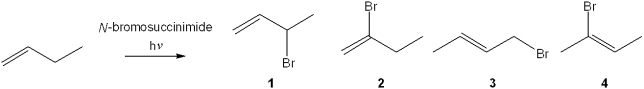 What are the major organic products obtained from the following reaction?   A) 1 and 2 B) 3 and 4 C) 1 and 3 D) 2 and 4