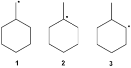 What is the correct order of stability of the following radicals (more stable > less stable) ?   A) 1 > 2 > 3 B) 2 > 1 > 3 C) 2 > 3 > 1 D) 3 > 2 > 1