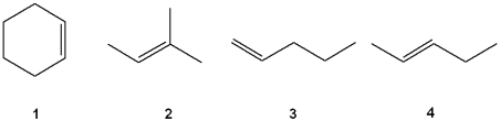 Which of the following alkenes undergoes allylic bromination to form a single monobrominated product?   A) 1 B) 2 C) 3 D) 4