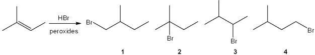 What is the major organic product obtained from the following reaction?   A) 1 B) 2 C) 3 D) 4