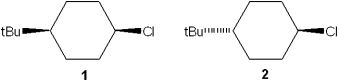 Which of the following statements is true regarding the reactivity of 1 and 2 with potassium tert-butoxide?   A) 1 reacts faster than 2 B) 1 and 2 give different dehydrochlorinated products C) 2 reacts by elimination whereas 1 reacts by substitution D) 1 reacts by elimination whereas 2 reacts by substitution