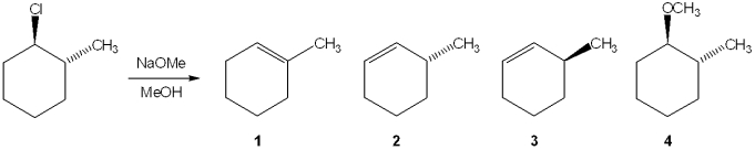 What is the major elimination product obtained from the following reaction?   A) 1 B) 2 C) 3 D) 4