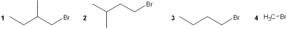 Which of the following alkyl bromides reacts the slowest with NaSCH<sub>3</sub> in DMF?   A) 1 B) 2 C) 3 D) 4