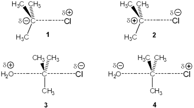 Which of the following represents the transition state of the rate-determining step in the S<sub>N</sub>1 reaction between tert-butyl chloride and water?   A) 1 B) 2 C) 3 D) 4