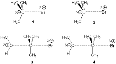 Which of the following represents the transition state of the rate-determining step in the reaction between tert-butyl bromide and methanol?   A) 1 B) 2 C) 3 D) 4