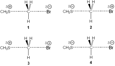 Which of the following represents the transition state of the reaction between methyl bromide and sodium methylthiolate, NaSCH<sub>3</sub>?   A) 1 B) 2 C) 3 D) 4
