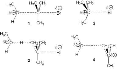 Which of the following represents the transition state of the rate-determining step in the reaction between tert-butyl bromide and methanol leading to elimination?   A) 1 B) 2 C) 3 D) 4