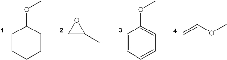 Which of the following are ethers?   A) only 1 and 2 B) only 1 and 4 C) only 1, 2 and 3 D) 1, 2, 3 and 4