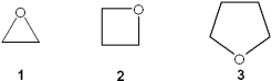 What is the correct assignment of the names of the following ethers?   A) 1 = oxirane; 2 = oxetane; 3= oxolane B) 1 = oxetane; 2 = oxirane; 3= oxane C) 1 = oxane; 2 = oxetane; 3= dioxane D) 1 = oxirane; 2 = oxolane; 3= oxetane