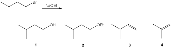 What is the major organic product obtained from the following reaction?   A) 1 B) 2 C) 3 D) 4