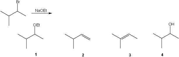 What is the major organic product obtained from the following reaction?   A) 1 B) 2 C) 3 D) 4