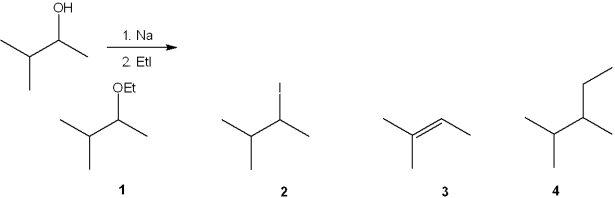 What is the major organic product obtained from the following reaction?   A) 1 B) 2 C) 3 D) 4