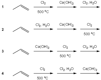 Which of the following synthetic routes is used in industry to provide epichlorohydrin?   A) 1 B) 2 C) 3 D) 4
