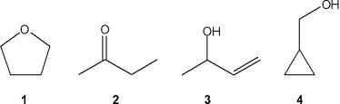 Which of the following compounds gives an infrared spectrum with a peak in the range of 1630-1820 cm<sup>-</sup><sup>1</sup> (strong peak) , but does not have peaks at 3200-3650 or 1000-1250 cm<sup>-</sup><sup>1</sup>?   A) 1 B) 2 C) 3 D) 4