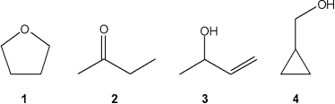 Which of the following compounds gives an infrared spectrum with peaks at 1000-1250 cm<sup>-</sup><sup>1</sup> (strong) , but does not have peaks at 3200-3650 or 1630-1820 cm<sup>-</sup><sup>1</sup> (sharp, weak peak) ?   A) 1 B) 2 C) 3 D) 4
