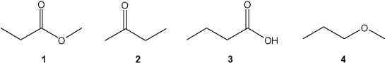 Which of the following compounds gives an infrared spectrum with a peak at ~1750 cm<sup>-</sup><sup>1</sup>, but no significant peaks at 3000-3500 cm<sup>-</sup><sup>1</sup> or 1050-1250 cm<sup>-</sup><sup>1</sup>?   A) 1 B) 2 C) 3 D) 4