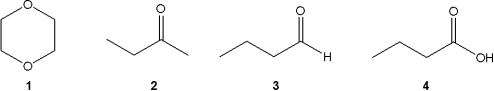 Which of the following compounds does not give an infrared spectrum with peak at ~1750 cm<sup>-</sup><sup>1</sup>?   A) 1 B) 2 C) 3 D) 4
